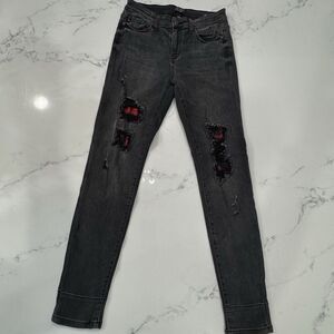 Judy Blue Women's 7/28 Skinny Jeans Black Buffalo Patch Distressed Stretch Denim